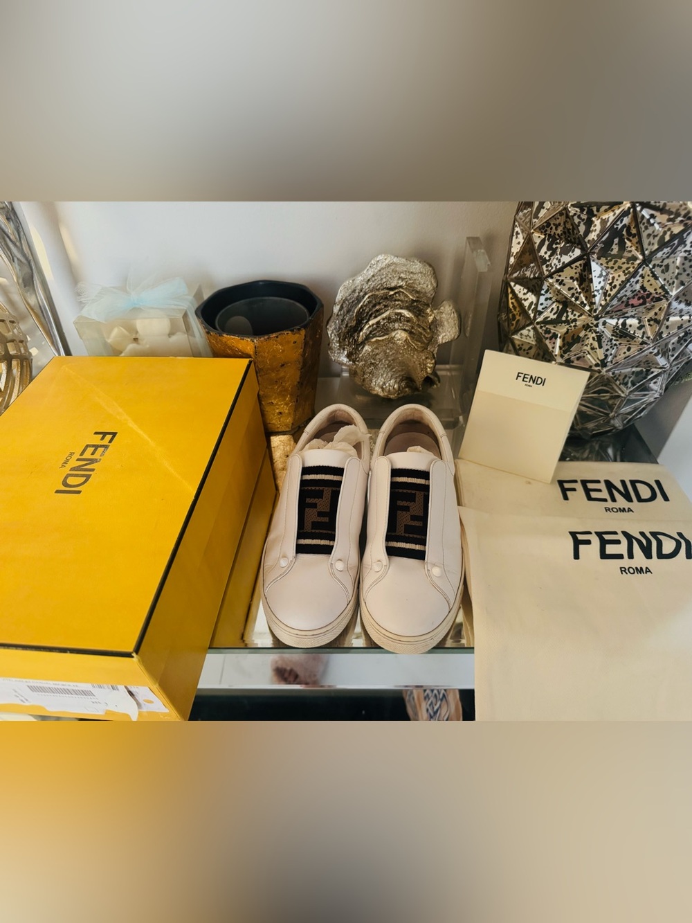 Fendi White Slip-On Sneakers with Brown & Black FF Knit Panel